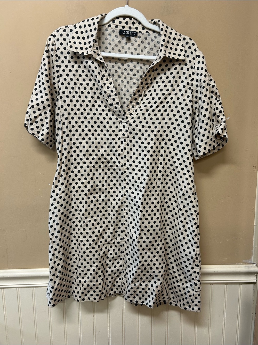 J Crew Polka Dot Linen Shirt Dress Beige Black Preppy Classic Pockets Medium